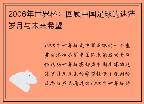 2006年世界杯：回顾中国足球的迷茫岁月与未来希望